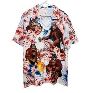 Bigfoot Mens Hawaiian Shirt Size L Patriotic Print With Beer & Fire Design